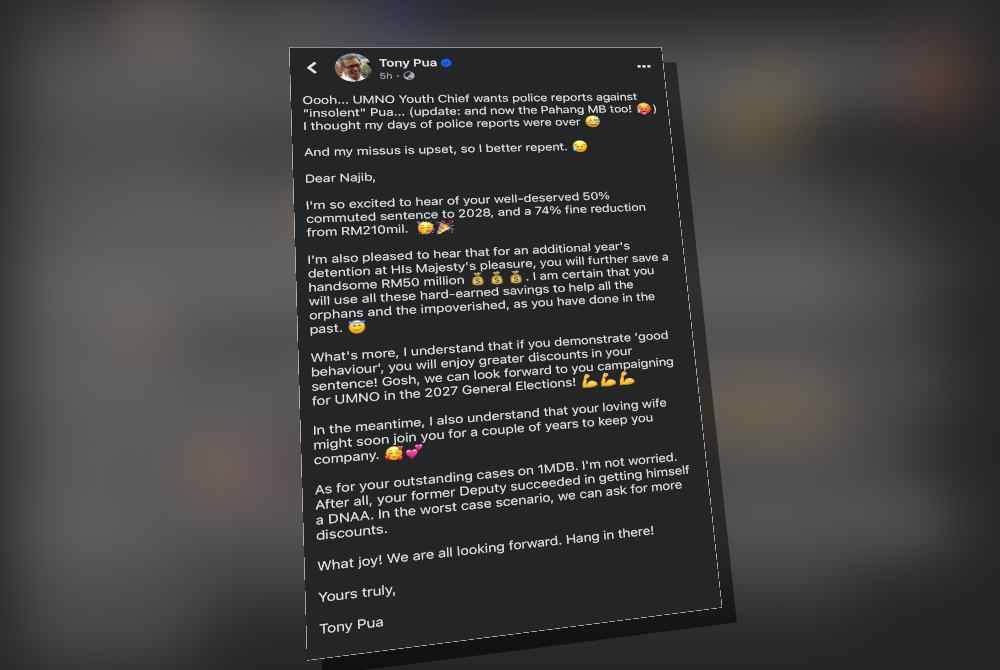 Hantaran Tony di Facebook pada Ahad