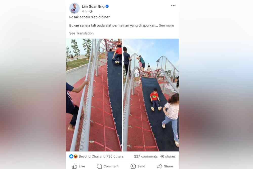 Guan Eng dalam hantaran di Facebooknya mengenai kos Fasa 1 Taman Gurney Bay dan kerosakan di tapak taman tersebut.