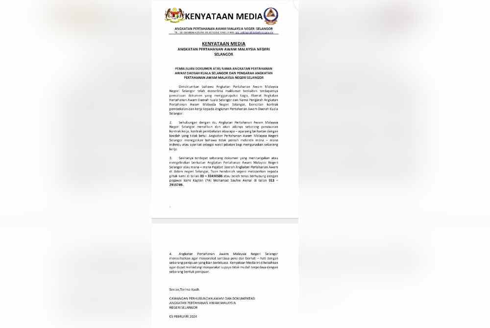 Kenyataan APM Negeri Selangor pada Rabu