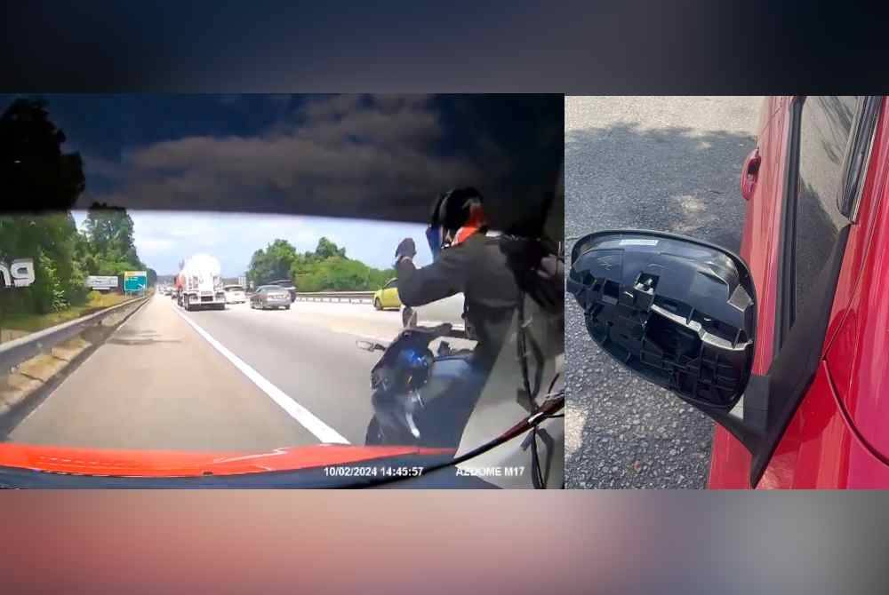 Video tular memaparkan penunggang motosikal disyaki melanggar cermin sisi sebuah motosikal.