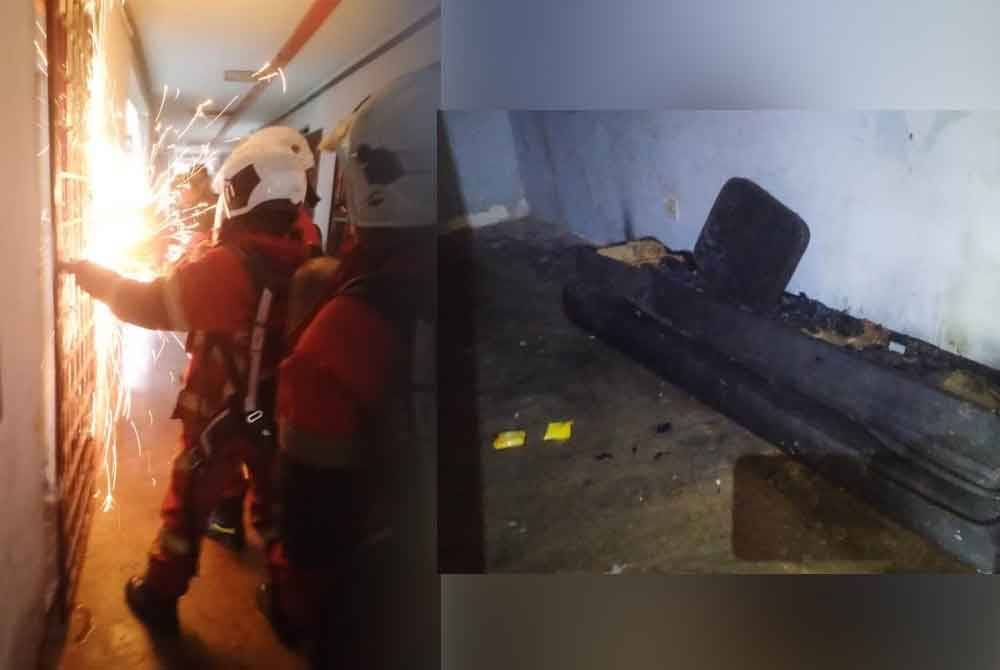 Anggota bomba memecahkan pintu gril hadapan untuk menyelamatkan mangsa dalam kebakaran di Apartment Idaman pada Isnin. Kebakaran melibatkan sofa di ruang tamu rumah.