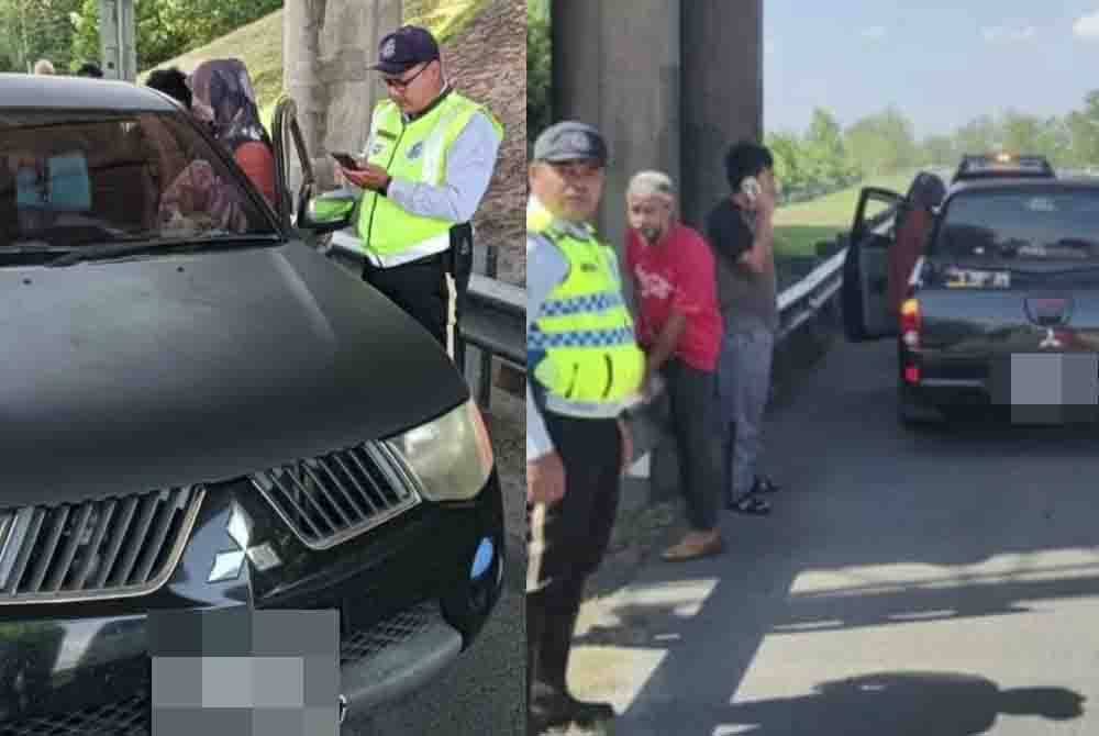 Anggota trafik membantu keluarga warga Thailand itu di tepi Lebuhraya Utara-Selatan (PLUS) pada Isnin.
