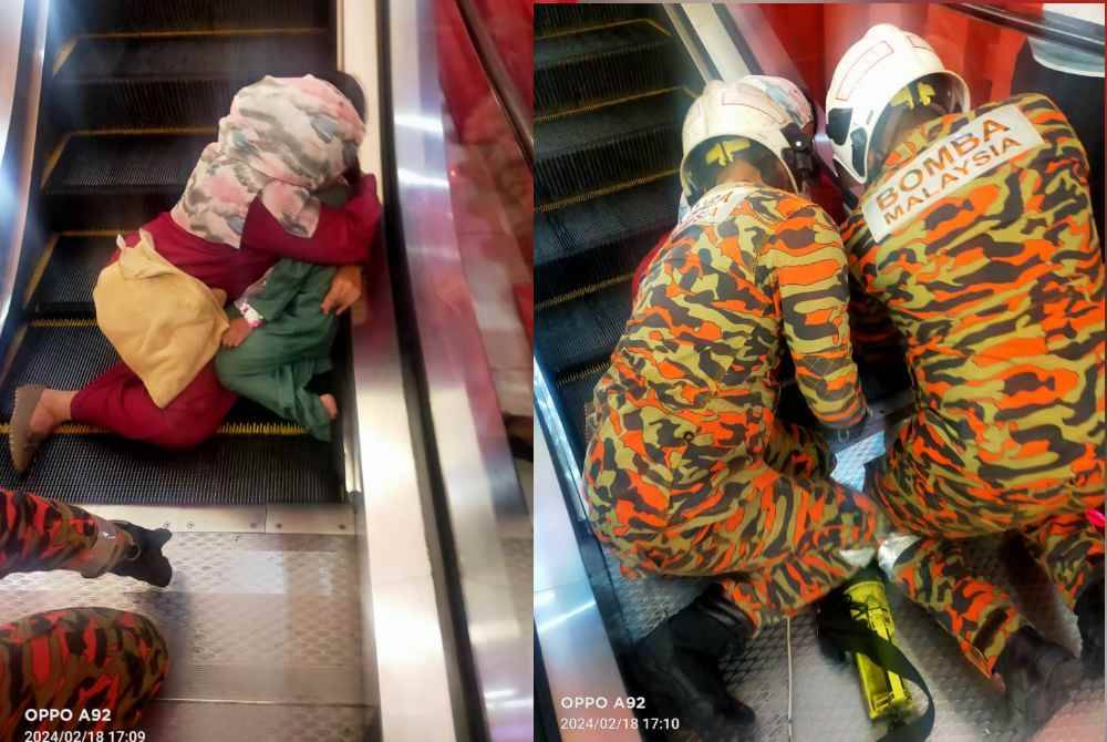 Jari kaki kiri seorang kanak-kanak perempuan tersepit di eskalator sebuah pusat beli-belah. Anggota Bomba dan Penyelamat membantu mengeluarkan jari kaki seorang budak perempuan yang tersepit di eskalator sebuah pusat beli-belah pada Ahad.