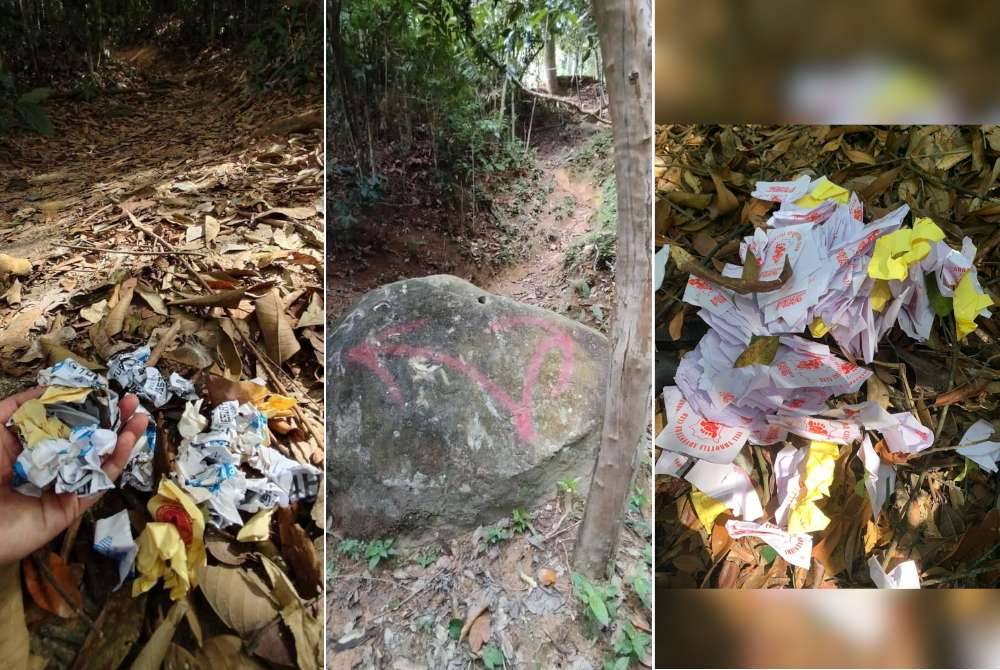 Kertas yang ditinggalkan kumpulan pendaki di laluan yang disediakan di Bukit Bendera selain batu atau pokok disembur cat sebagai tanda laluan pendakian. Foto Facebook PBBPP