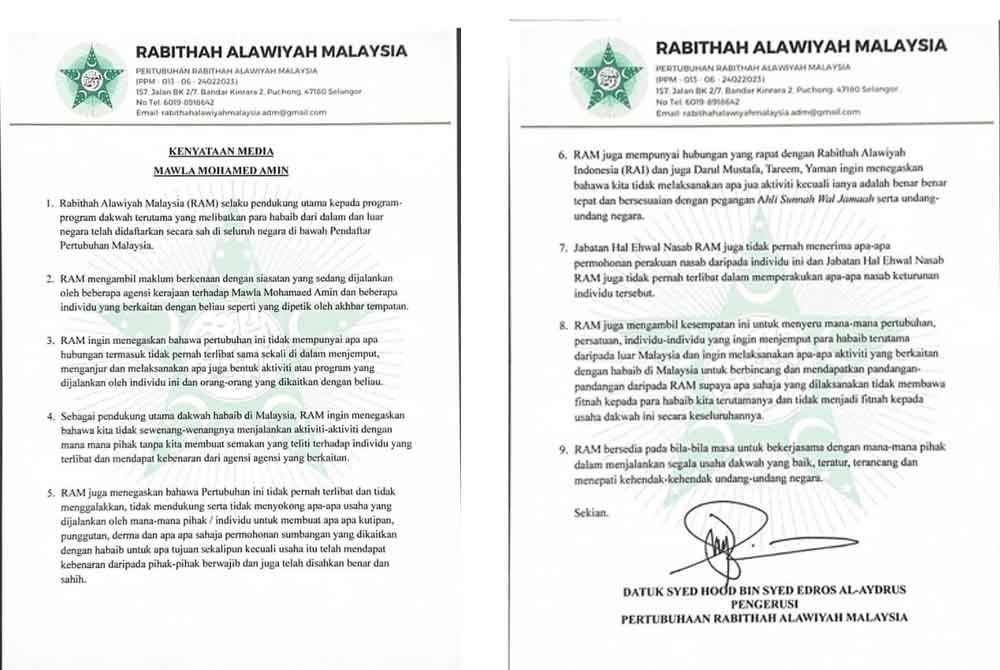 Tangkap layar kenyataan Rabithah Alawiyah Malaysia (RAM) pada Rabu.