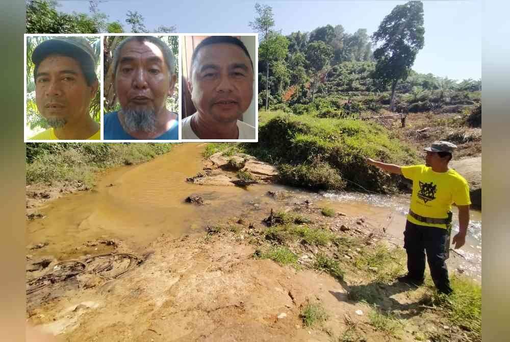 Syed Rosli (gambar kecil) menunjukkan salah satu laluan gajah masuk ke kawasan ladang kelapa sawit di Felda Lasah di sini pada Khamis. Gambar kecil dua dari kiri: Ahmad Termizi, Khairuddin