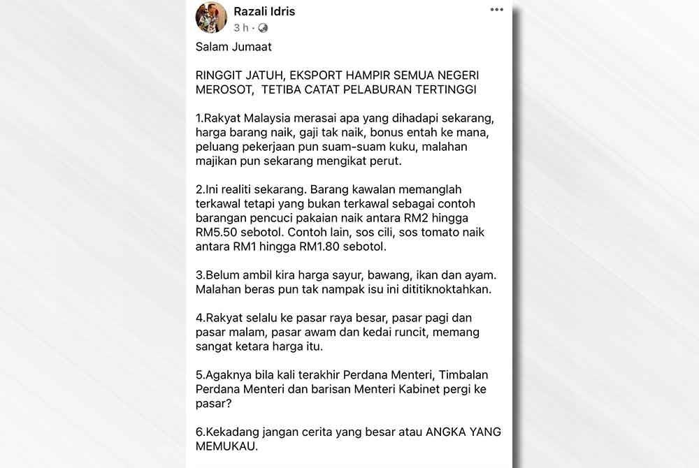 Tangkap layar hantaran Razali di Facebook pada Jumaat.