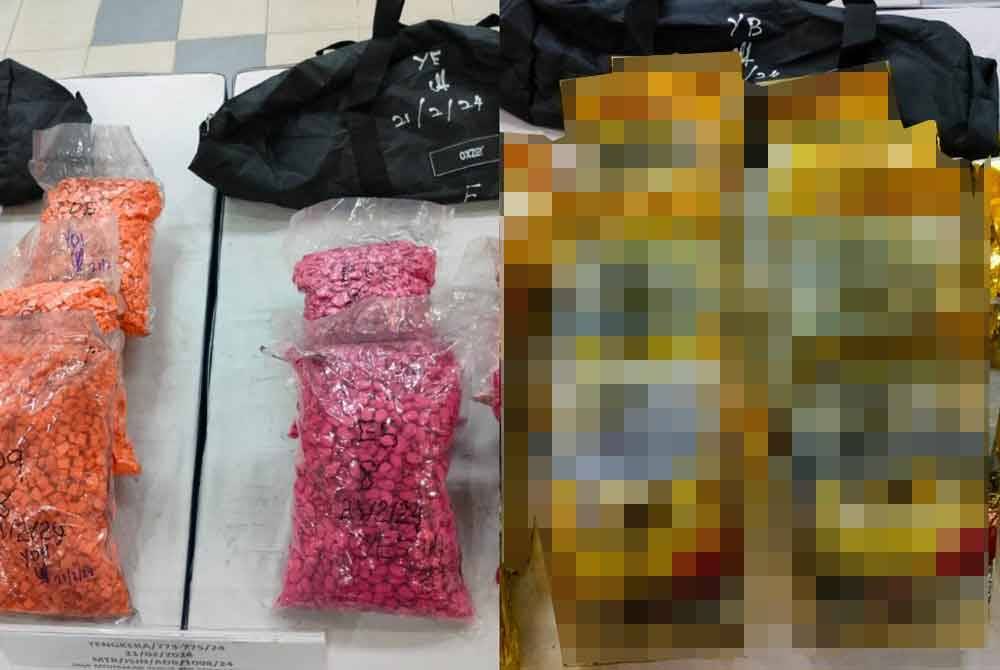 Sebahagian pil ekstasi yang dirampas dalam serbuan itu. Gambar kanan: Dadah dipercayai dibungkus dalam plastik berwarna kuning.