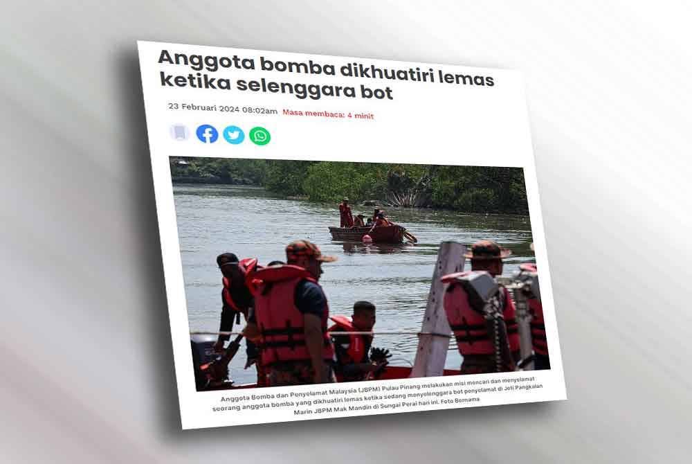 Seorang anggota bomba dikhuatiri lemas ketika melakukan kerja menyelenggara bot di Jeti Pangkalan Marin Jabatan Bomba dan Penyelamat Malaysia (JBPM) Mak Mandin di sini, pada Khamis malam.