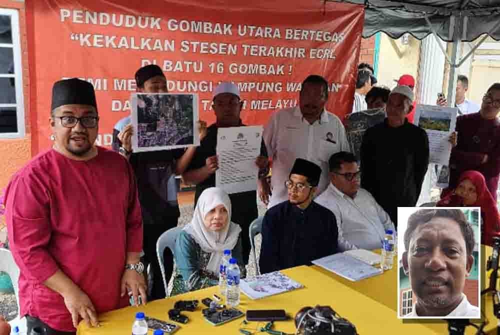 Antara penduduk yang hadir pada sidang akhbar 'Selamatkan tanah warisan Melayu Islam Gombak Utara daripada jajaran ECRL KL - Node Highway di Gombak pada Jumaat. (Gambar kecil: Mohd Zai)