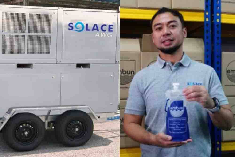 Mesin AWG yang mudah disambungkan ke bekalan elektrik boleh digunakan di mana-mana sahaja termasuk ketika berdepan masalah bekalan air atau di pusat pemindahan banjir bagi kegunaan pasukan keselamatan. Pengarah Solace, Dannial Razali menunjukkan produk 'Embun' iaitu air minuman beralkali yang bakal memasuki pasaran tempatan.