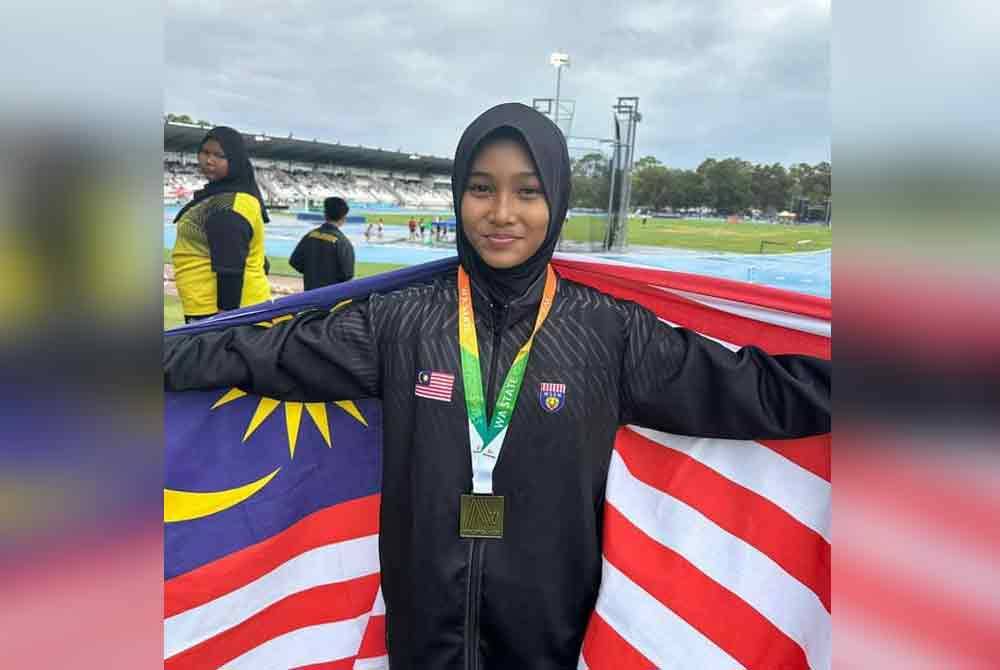 Nurelfira meraih emas dalam acara 80m lari berpagar perempuan B-14 pada Kejohanan Trek dan Padang WA State 2024 di Perth, Australia baru-baru ini. Foto FB Karim Batjo.