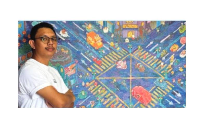 Aimman, dengan sebahagian daripada lukisan terbesar yang pernah dihasilkannya.