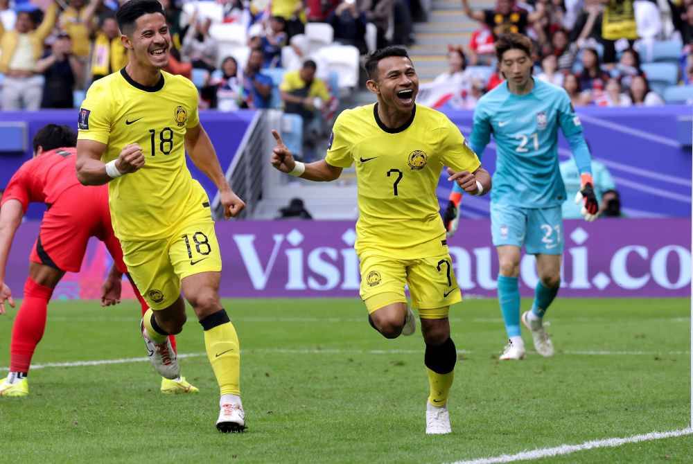 Faisal Halim ketika meraikan kejayaan selepas menjaringkan gol pada perlawanan Korea Selatan menentang Malaysia bagi peringkat Kumpulan E sempena Piala Asia 2023 di Stadium Al Janoub. Foto Bernama