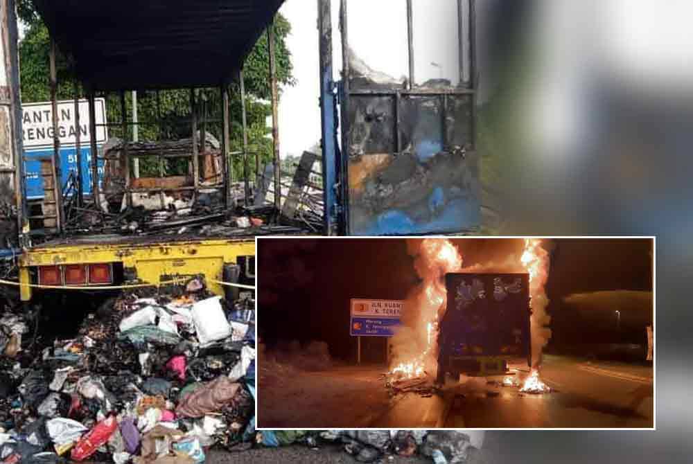 Lori jenis Nissan terbakar 100 peratus dalam kejadian itu. Foto Bomba Terengganu