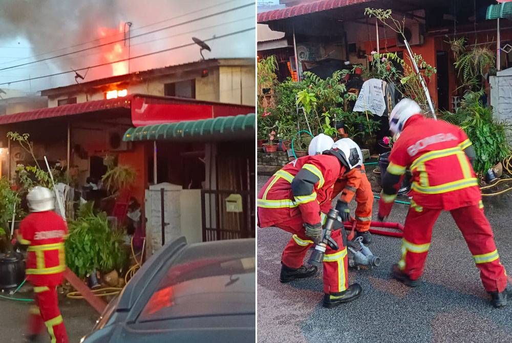 Anggota bomba sedang giat menjalankan kerja pemadaman dalam kejadian pada petang Khamis.