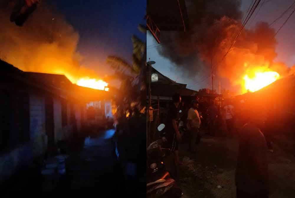 Lapan penduduk hilang tempat tinggal apabila lima rumah setinggan di Jalan Mak Intan, Kampung Durian dekat Teluk Intan, terbakar pada Khamis. Foto ihsan Bomba Perak