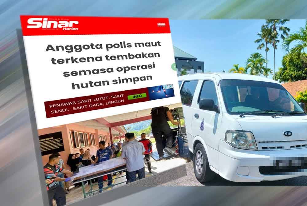 Tangkap layar laporan Sinar Harian mengenai seorang anggota polis yang maut akibat terkena tembakan pada Khamis. Kenderaan yang membawa suspek keluar dari Kompleks Mahkamah Sungai Petani sebaik selesai permohonan reman dibuat.
