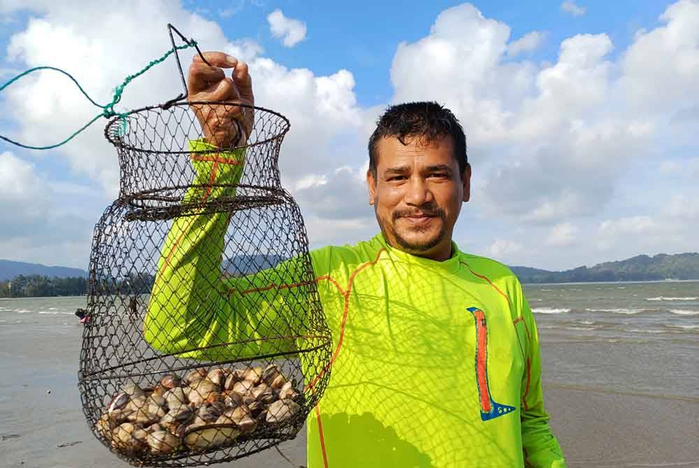 Zubir menunjukkan hasil dikutip selepas mengali menggunakan pencakar besi di pesisir Pantai Tanjung Lumpur pada Khamis