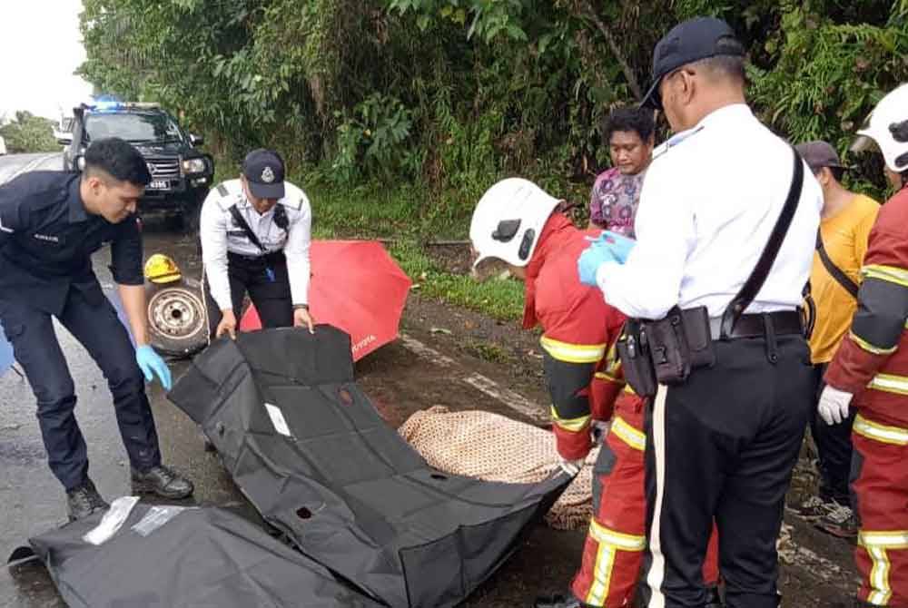 Anggota bomba dan polis mengangkat mangsa yang maut dalam kemalangan di Batu 25 Jalan Sandakan.