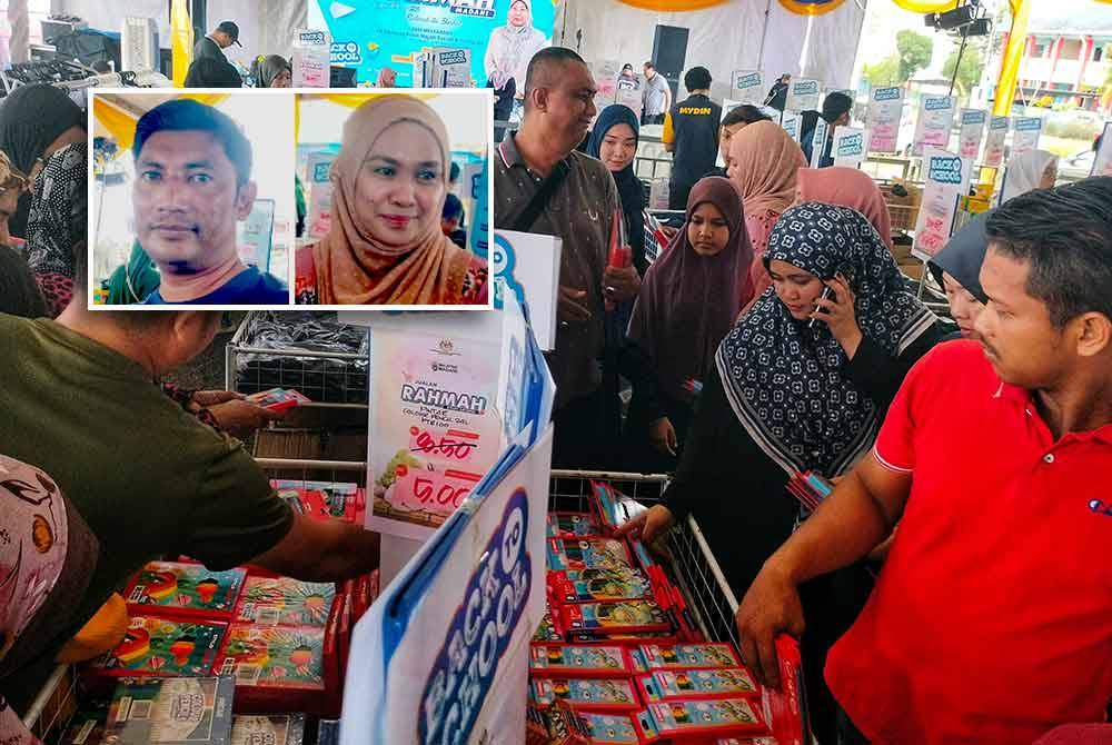 Ibu bapa tidak melepaskan peluang membeli pensel warna bernilai RM5 setiap satu sempena 'happy hour'. Gambar kecil: Mohd Shahfarin dan Norin Farazila