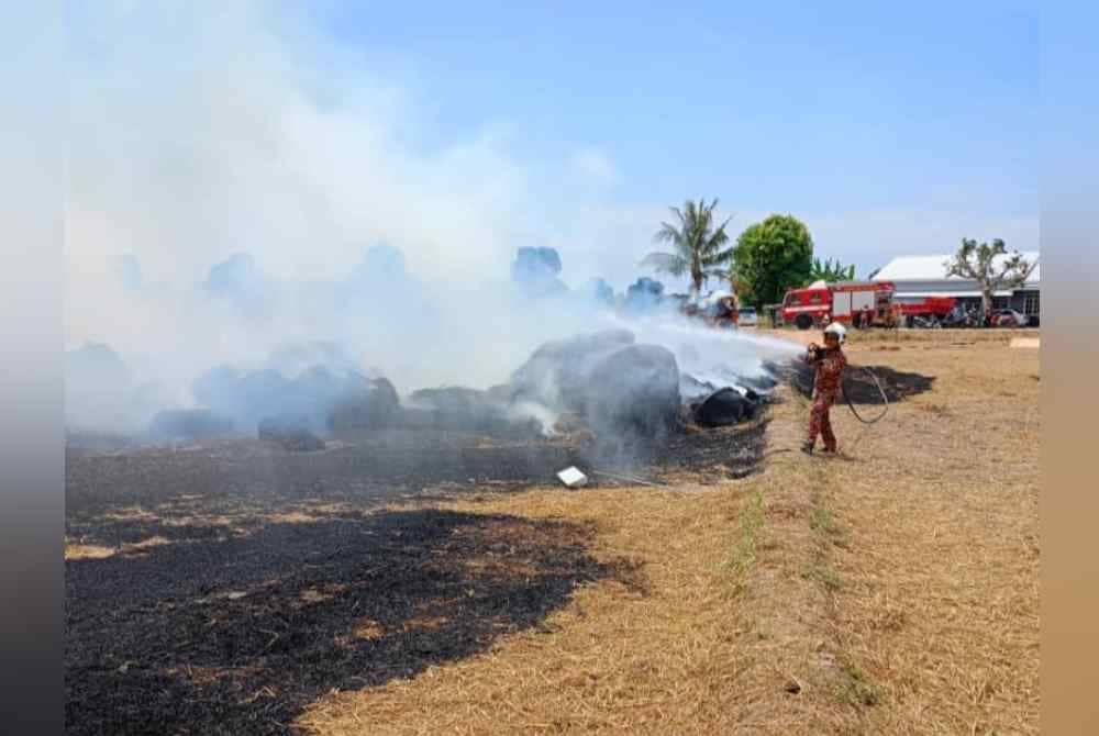 Bomba memadamkan kebakaran di lokasi jerami gulung dekat Yan, Kedah. Foto JBPM