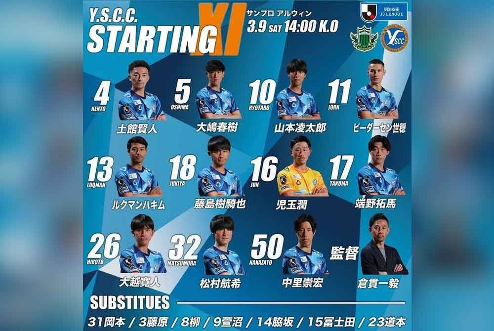 Luqman disenaraikan dalam kesebelasan utama Yokohama SCC yang akan berdepan Matsumoto Yamaga FC dalam aksi Liga Jepun Tiga (J3) di Stadium Matsumoto.