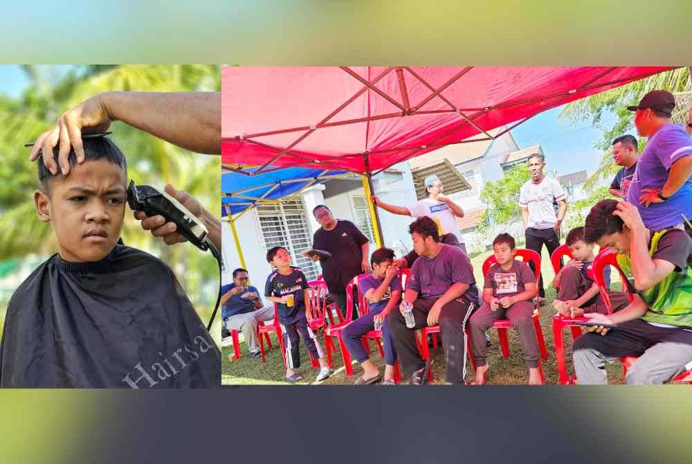 Antara pelajar yang tidak melepaskan peluang mendapatkan khidmat gunting rambut rahmah dengan harga RM4. Sebahagian pelajar yang mengambil peluang menggunakan khidmat gunting rambut Rahmah RM4 di Taman Sutera Wangi, Batu Berendam di sini, pada Sabtu.