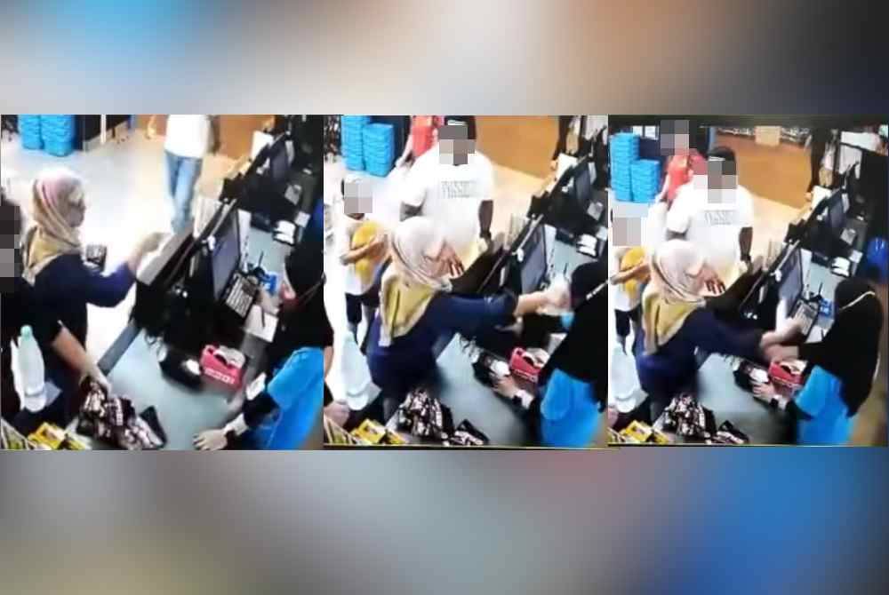Tular video dalam media sosial memaparkan seorang juruwang hamil ditumbuk seorang pelanggan wanita sehingga lebam di muka dalam kejadian di sebuah pasar raya di Southkey di sini pada Sabtu.