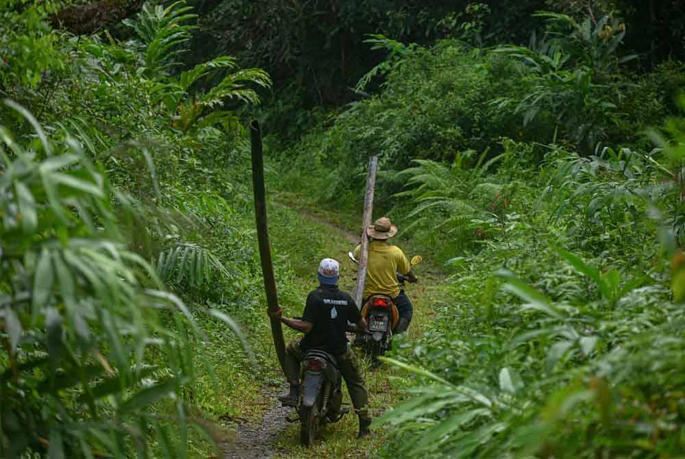 Batang paip dibawa menaiki motosikal ke kawasan bukit.