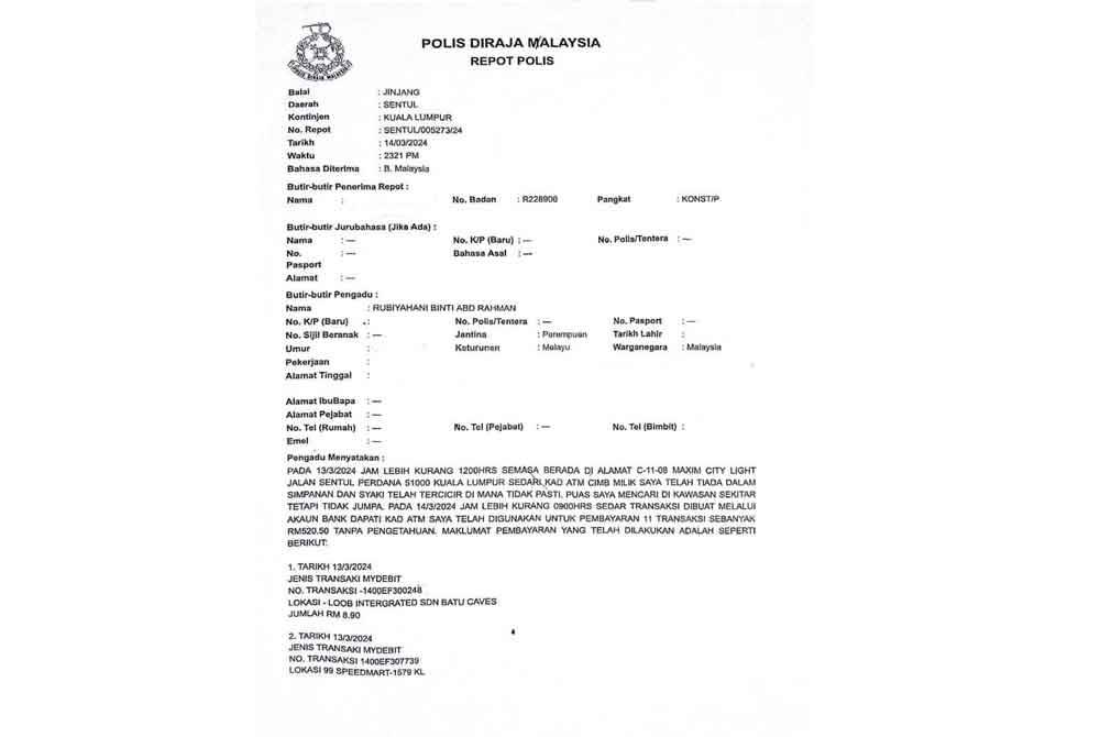 Laporan polis dibuat mangsa susulan kerugian ditanggung selepas kad ATM disedari hilang pada 13 Mac lalu.