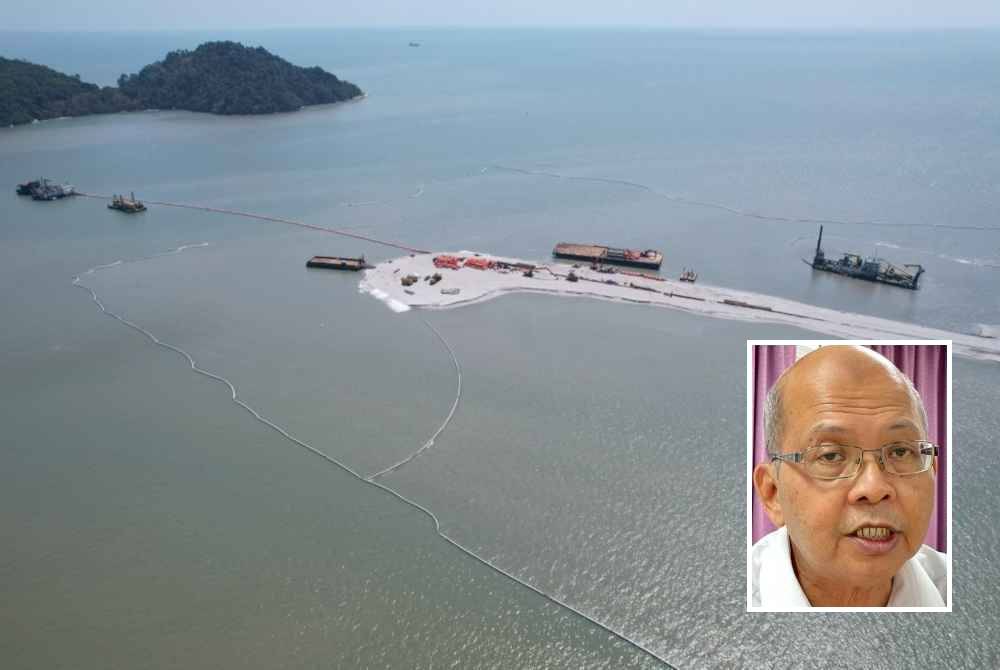 Pandangan dari udara tapak penambakan di mana langsir kelodak yang dipasang berfungsi dengan baik untuk menghalang penyebaran sedimen. Gambar kecil: Farizan