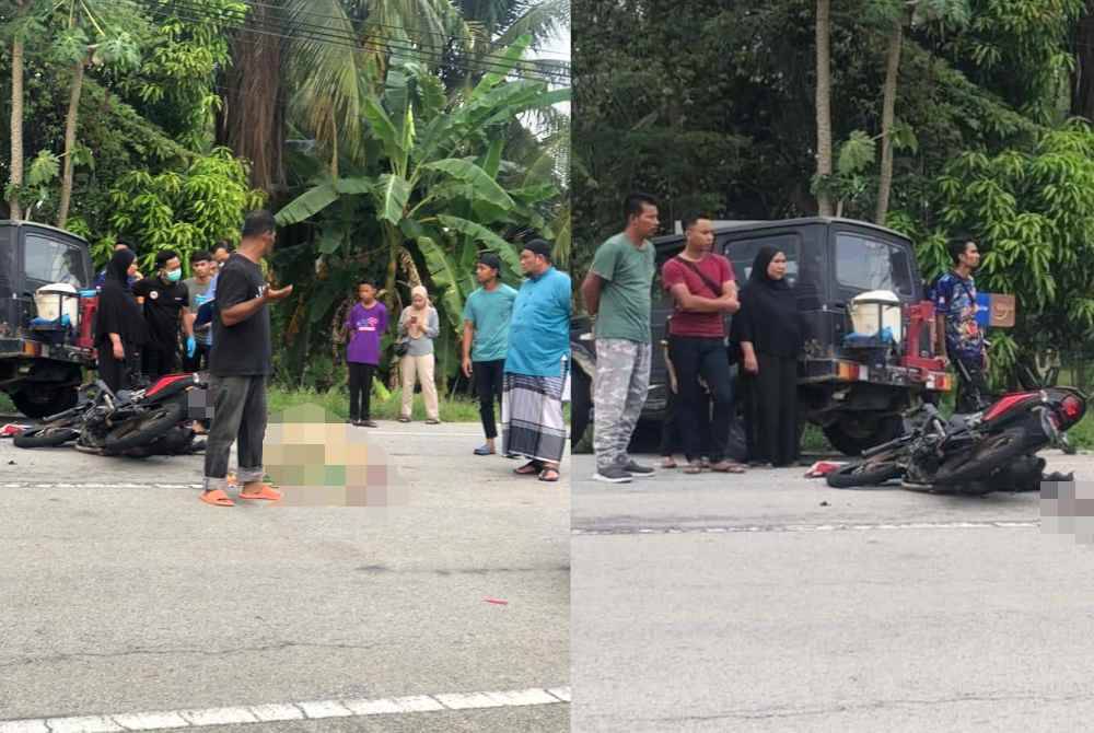 Mangsa disahkan meninggal dunia di tempat kejadian selepas terbabit dalam nahas jalan raya di Parit pada Ahad. Foto ihsan pembaca