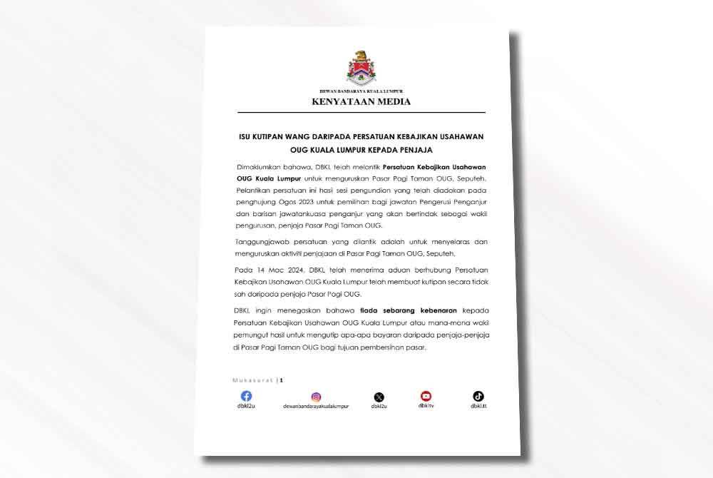 Penjelasan DBKL berhubung aduan pihak persatuan mengutip bayaran secara tidak sah kepada Pasar Pagi Taman OUG, Seputeh.