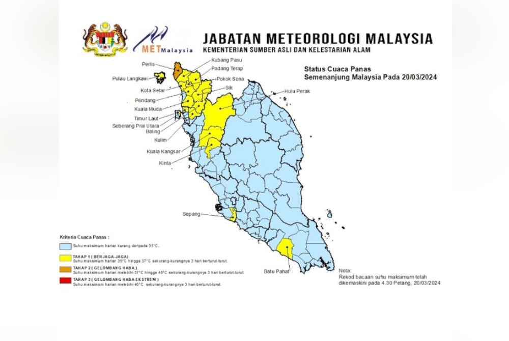Kemas kini status cuaca yang dikeluarkan MetMalaysia setakat jam 4.30 petang pada Rabu.