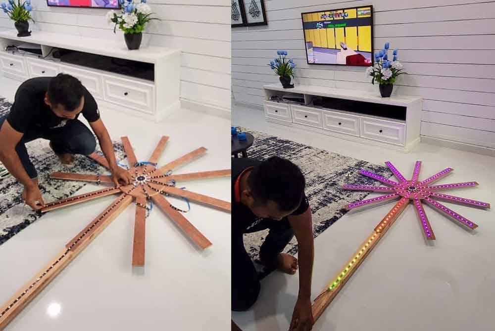 Mohd Asrul menunjukkan cara membuat lampu lip lap versi bunga api.