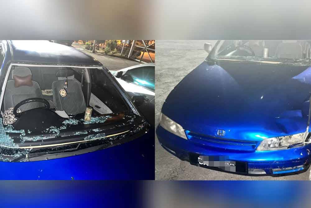 Cermin kereta Honda dipandu wanita berkenaan pecah selepas terlibat dalam insiden berkenaan. Foto IPD Batu Pahat