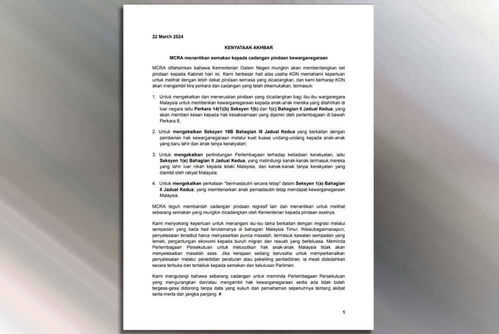 Tangkap layar kenyataan MCRA pada Jumaat.