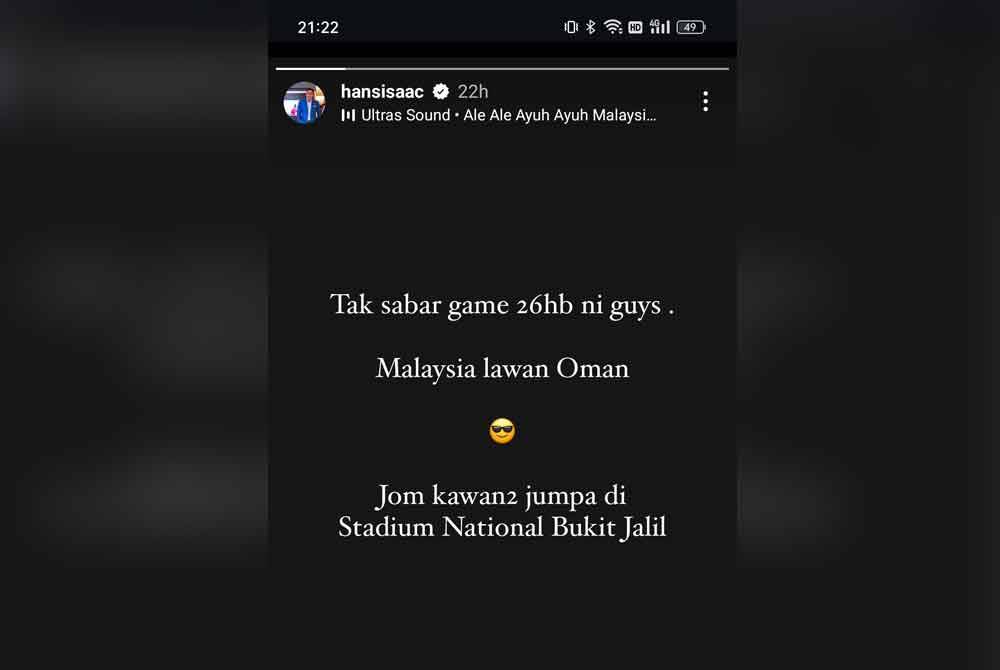 Status Hans Isaac di Instagram miliknya.