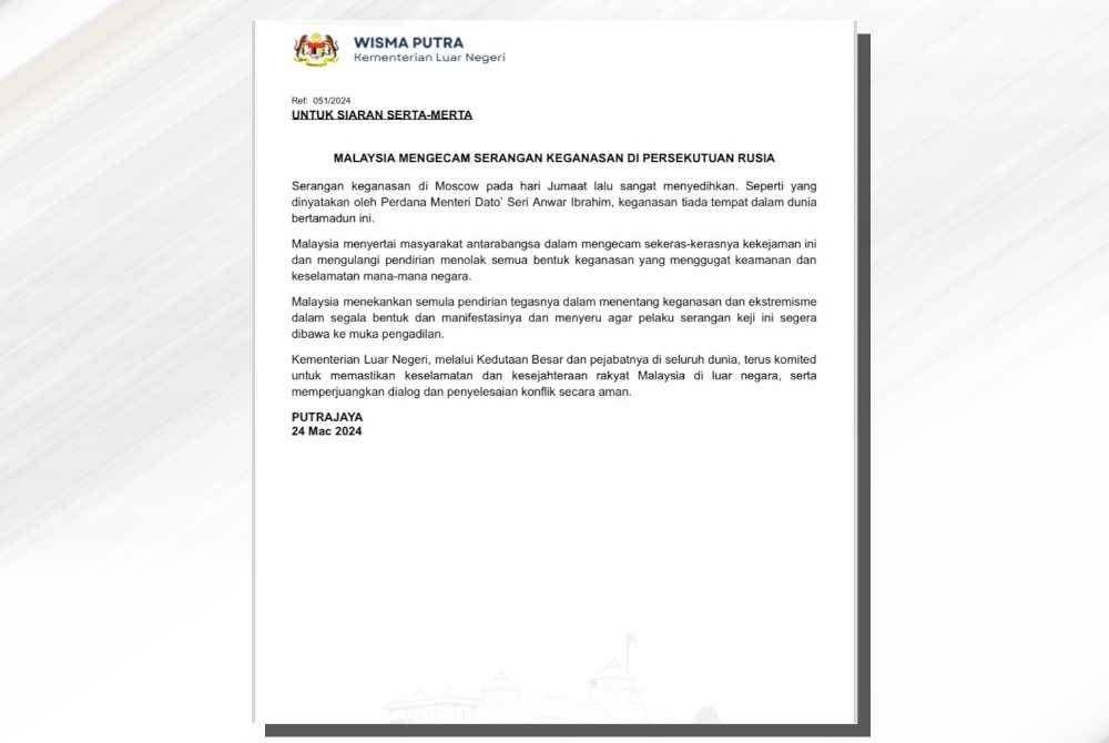 Kenyataan media Kementerain Luar pada Ahad.