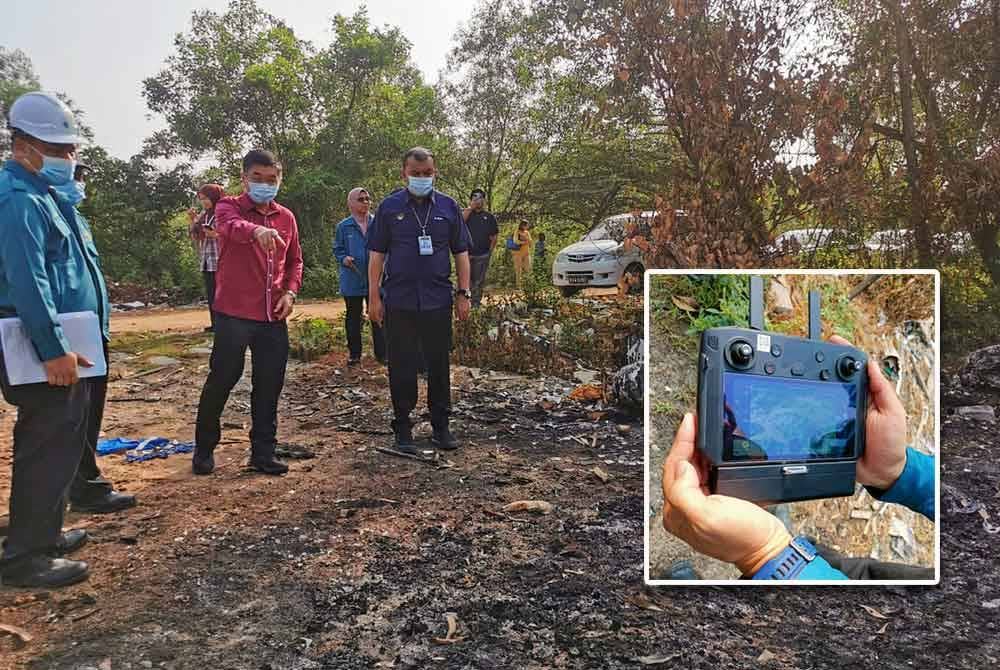 Kok Lim (dua dari kanan) semasa meninjau aktiviti pembakaran terbuka di Kawasan Perindustrian Gopeng pada Isnin. Gambar kecil: Dron turut digunakan bagi pemantauan aktiviti pembakaran terbuka terutama di kawasan mudah terbakar termasuk tapak pelupusan sampah.