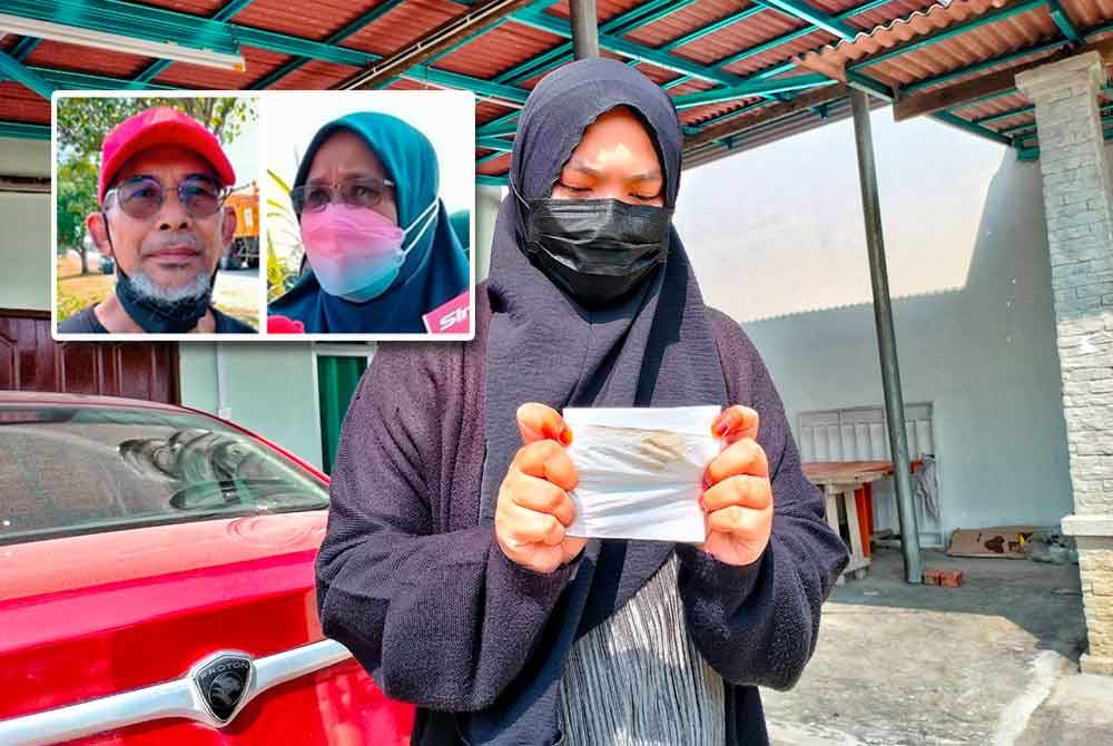 Penduduk menunjukkan tisu berwarna kehitaman selepas dilap pada kenderaan yang berhabuk di sebabkan hampas kelapa sawit. Gambar kecil: Zainal dan Tuminah