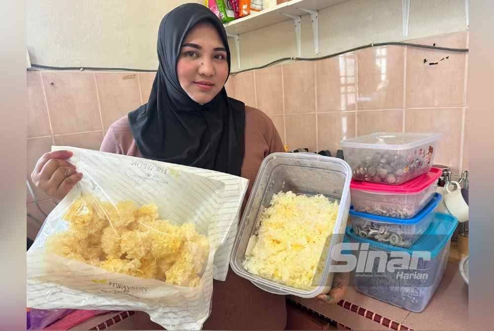 Mariani menunjukkan kulat putih kering dan sudah lembut apabila direndam dengan air.