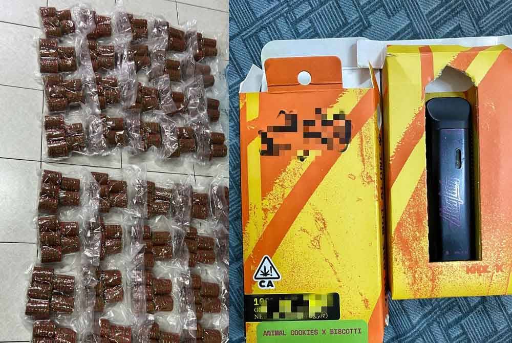 Sebahagian ganja yang dirampas dalam serbuan di Hentian R&R Ayer Keroh, pada Ahad lalu. Cecair ganja (kanan) yang dirampas dalam serbuan itu.