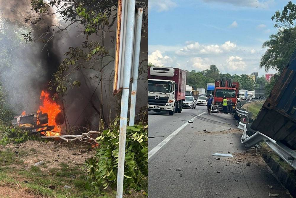 Seorang pemandu lori rentung selepas terlibat nahas membabitkan dua treler di kilometer 255, Lebuhraya Utara-Selatan (arah Utara) pada petang Rabu. - Foto: Bomba