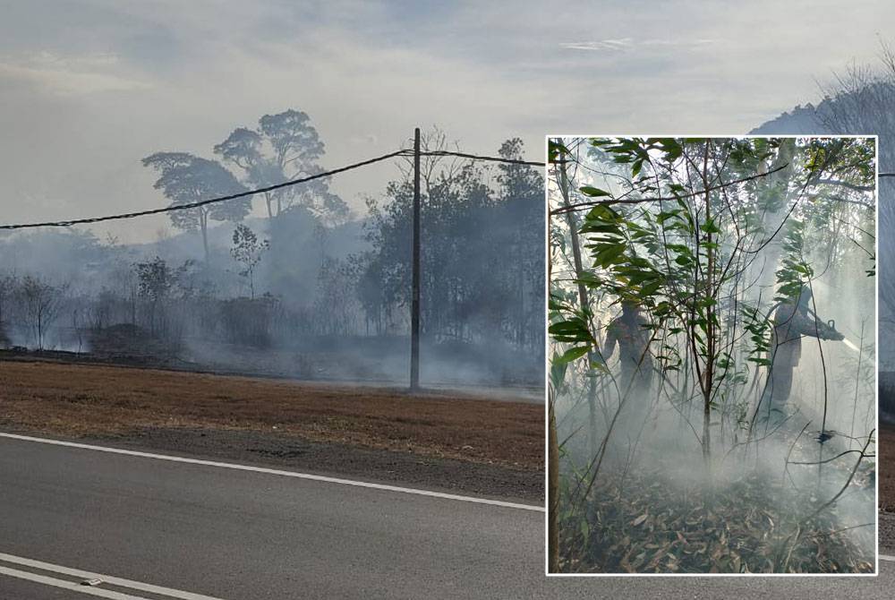Sepasukan anggota bomba menggunakan kaedah 'fire break' dan aliran air daripada jentera untuk kawal kebakaran hutan di tepi jalan JRTB di Gerik. Foto: Bomba Perak