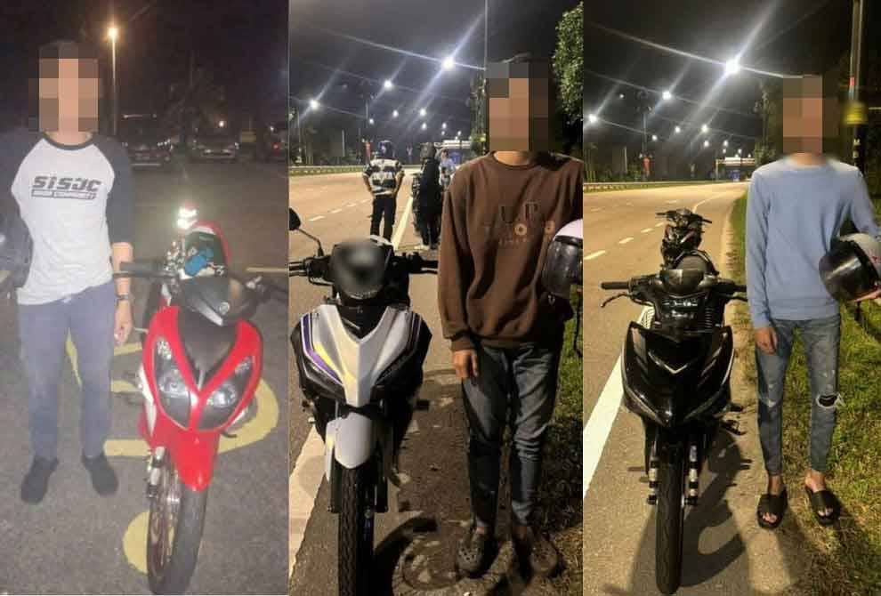 Tiga penunggang motosikal yang ditahan polis pada Sabtu.