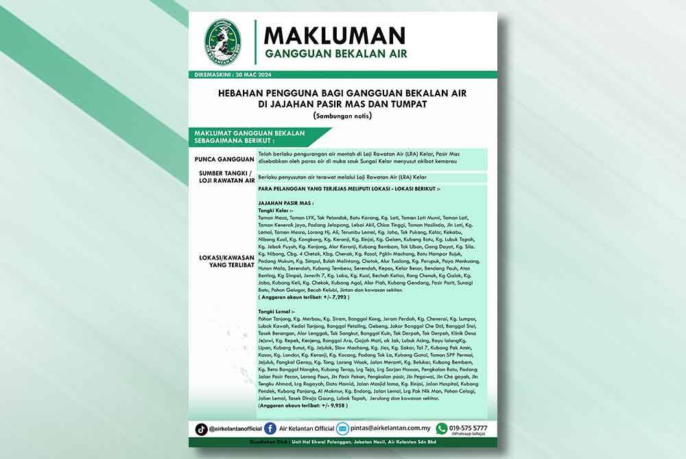 Gangguan bekalan air itu melibatkan 48,635 pemilik akaun.