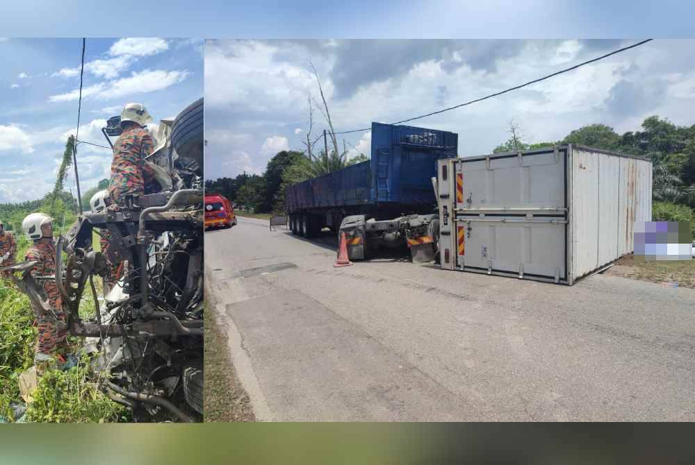 Anggota bomba membantu mengeluarkan mayat mangsa yang tersepit dalam lori yang terlibat nahas dengan sebuah treler di Jalan Selancar ke Selancar 2, Muadzam Shah pada Ahad.