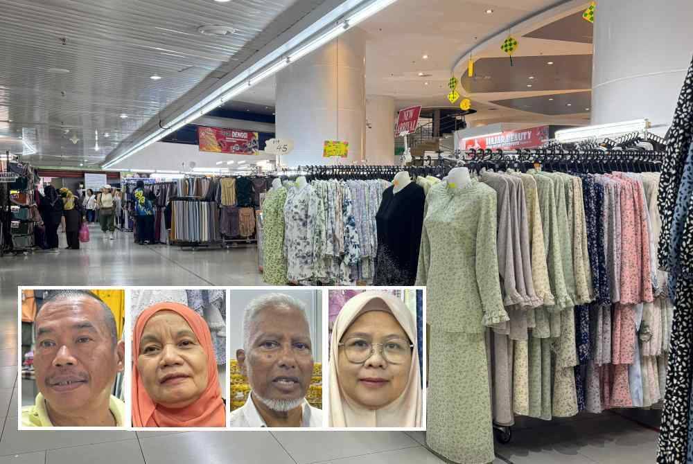 Keadaan di kedai sedia ada di tingkat 3 Komtar yang terletak berhampiran Bazar Syawal Komtar juga lengang. Gambar kecil dari kiri: Abdul Rahim, Pelmi, Ibrahim, Rosnawani